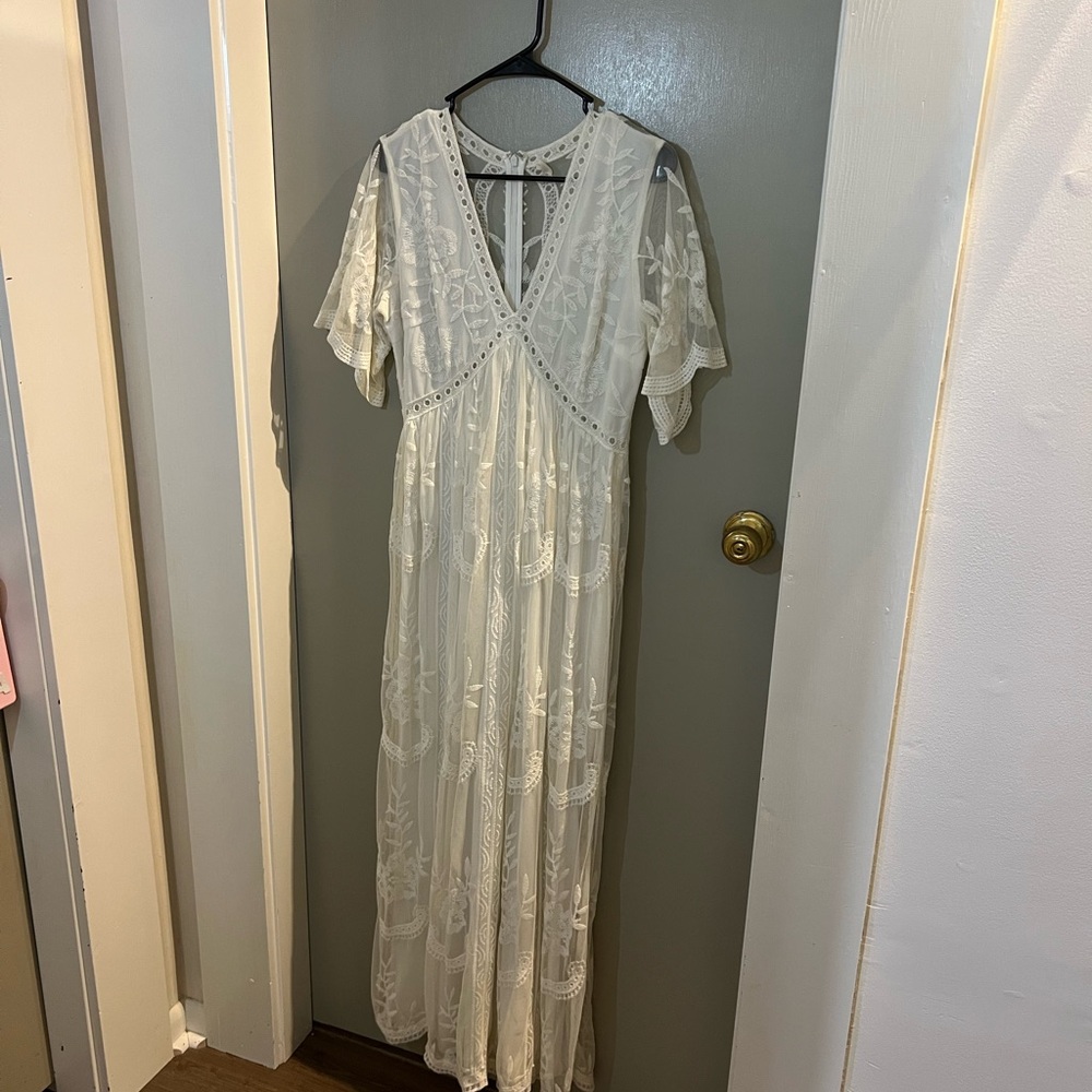 Pinkblush White Flutter Sleeve V-Neck Maxi Gown
